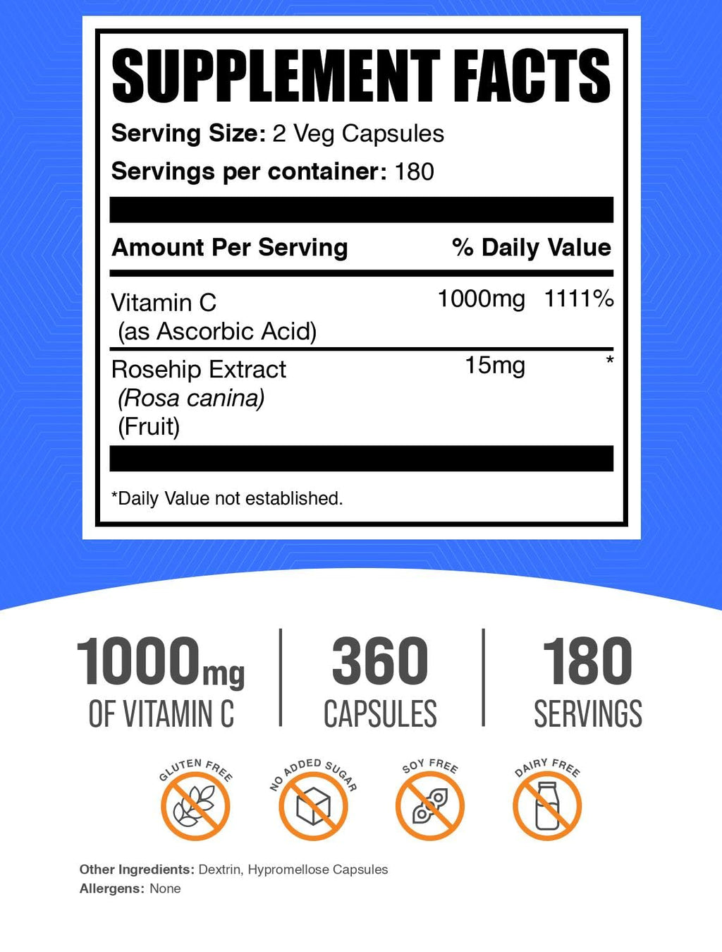 BulkSupplements Vitamin C with Rose HIPS Capsules – 1000mg Vitamin C, 15mg Rose HIPS, 360 Count (Pack of 2)
