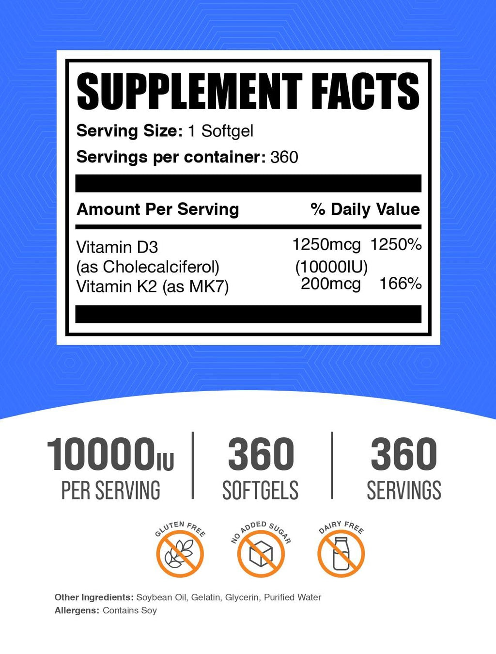 Vitamin D3 + K2 10000 IU Softgels – Immune Support | Gluten Free | 360 Count | BulkSupplements