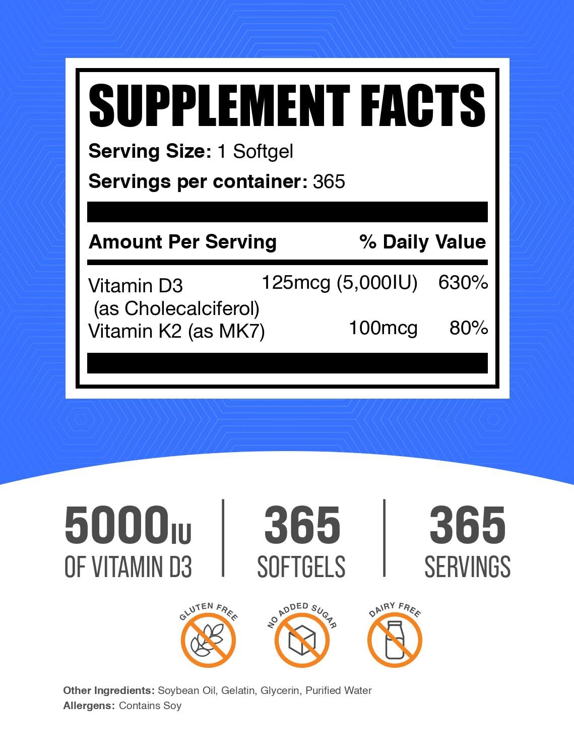 BulkSupplements Vitamin D3 + K2 5000 IU Softgels - Immune Support, Gluten Free, 365 Count