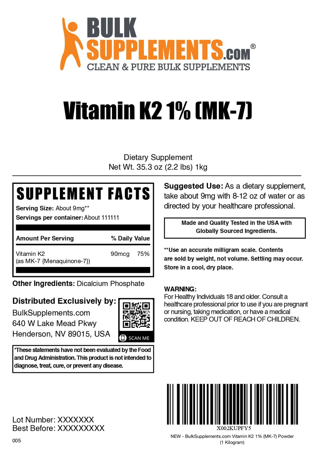 Vitamin K2 MK-7 Powder – 9 mg/Serving, 1kg | Gluten Free