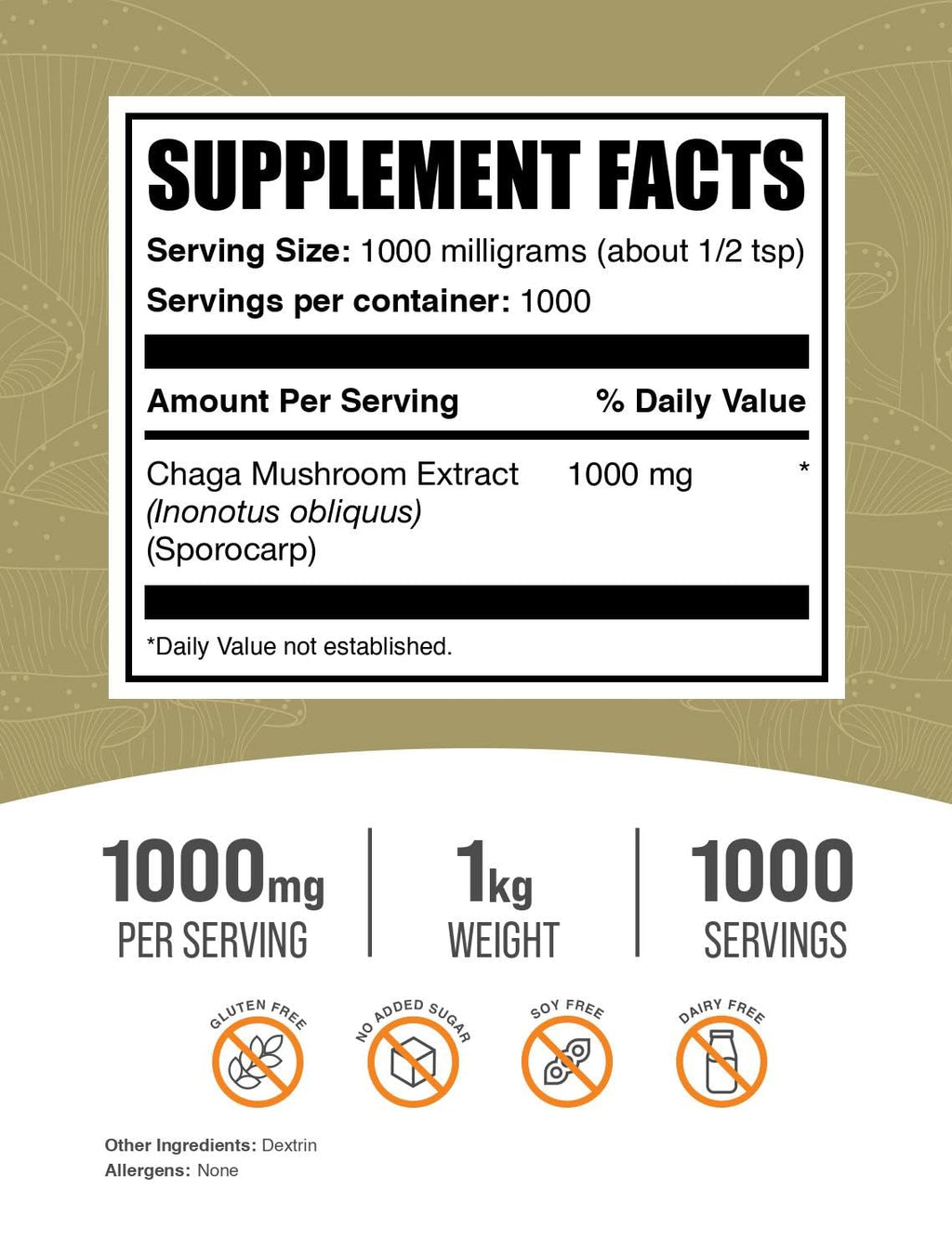 BulkSupplements.com Chaga Mushroom Extract Powder – Gluten Free, 1 g per Serving, 1 kg