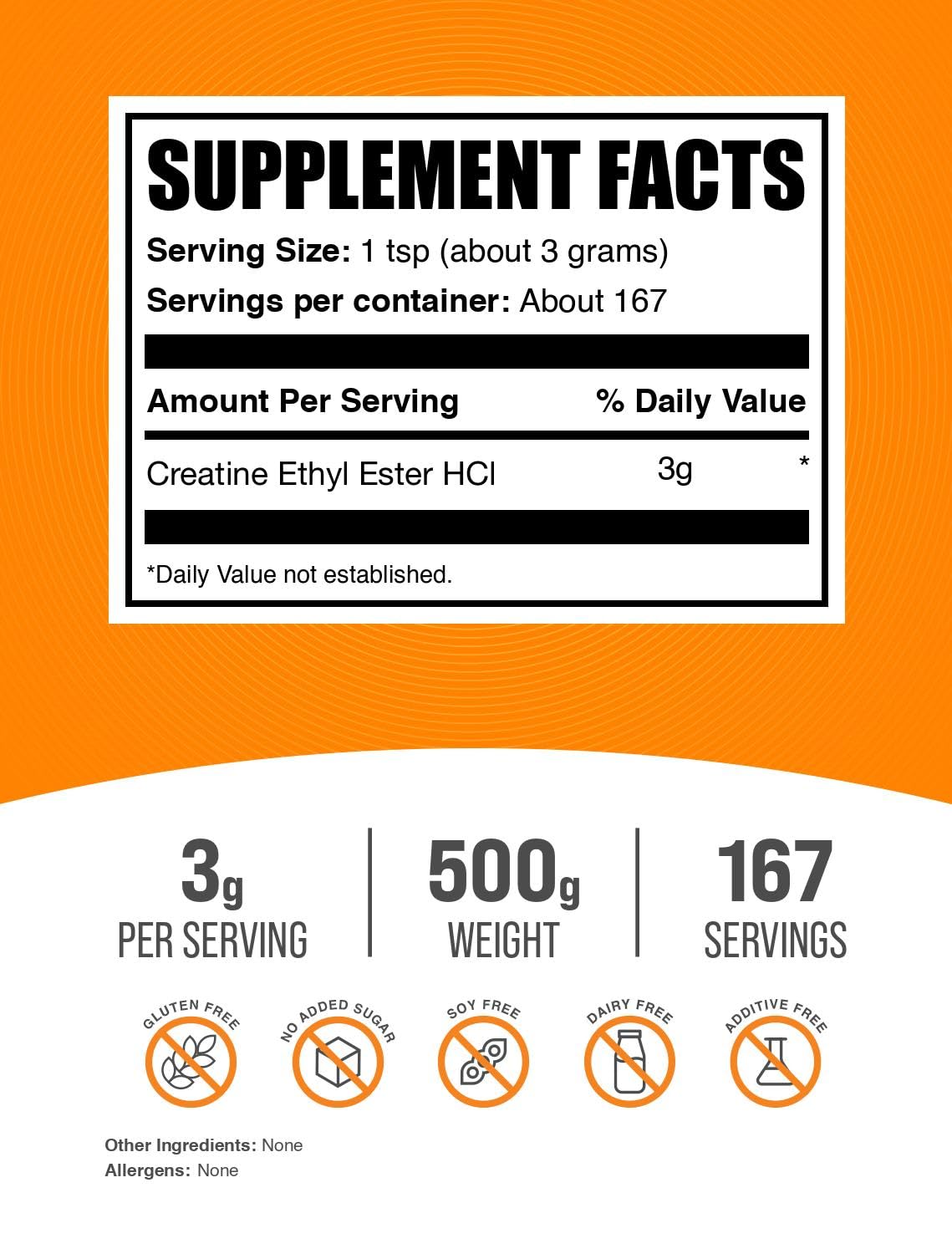 BulkSupplements Creatine Ethyl Ester HCl Powder – 3g/Serving, Unflavored, Gluten Free, 500g