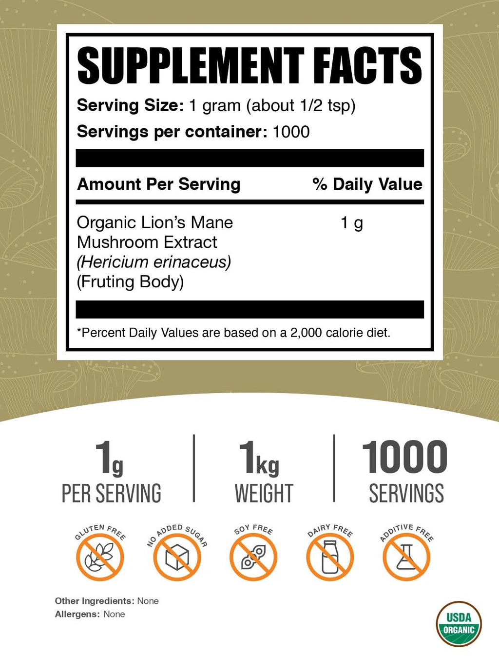 BulkSupplements Organic Lion's Mane Mushroom Extract Powder | Vegan, 1g/Serving, 1kg