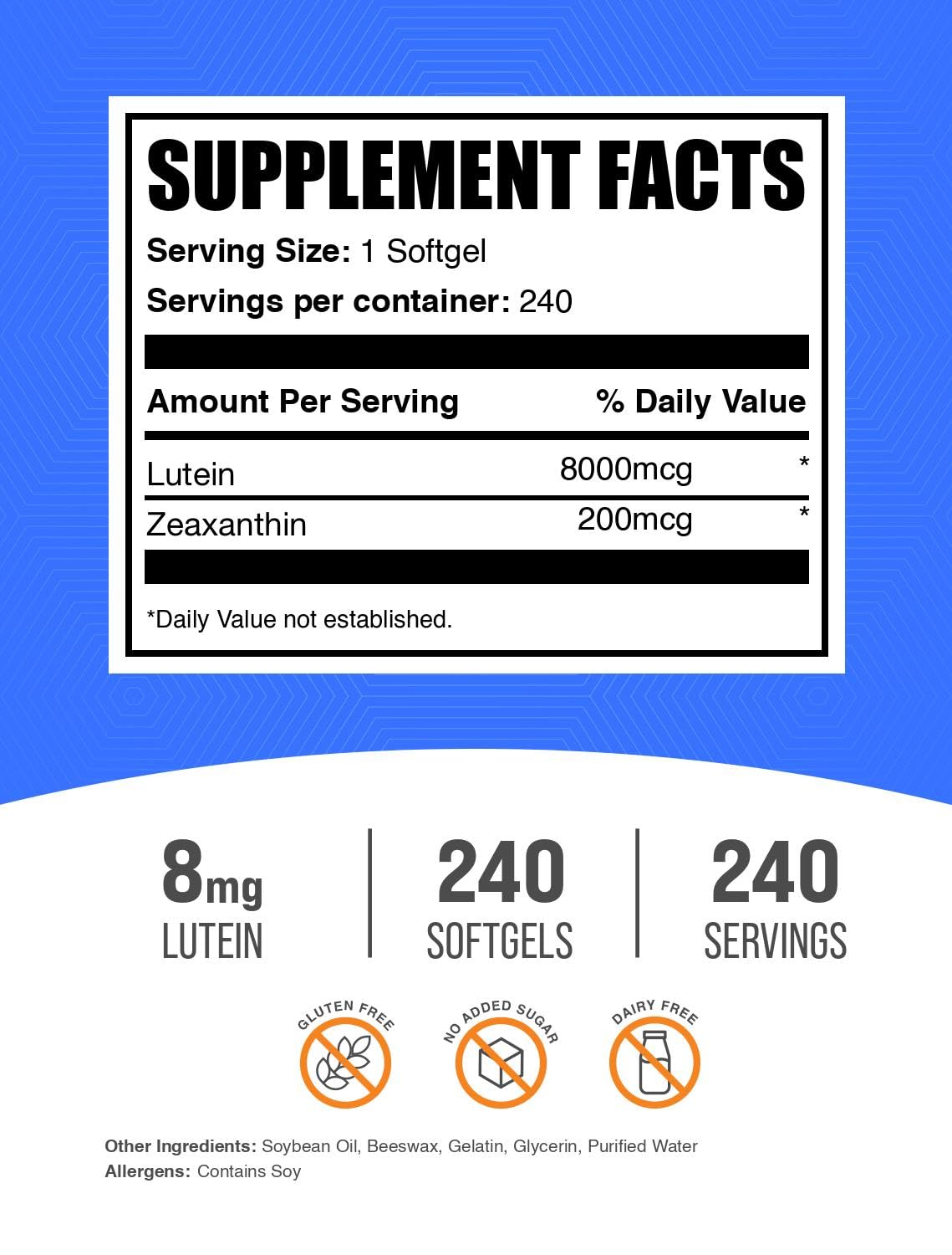 BulkSupplements Lutein with Zeaxanthin Softgels - Eye Vitamins, Gluten Free, 240 Softgels
