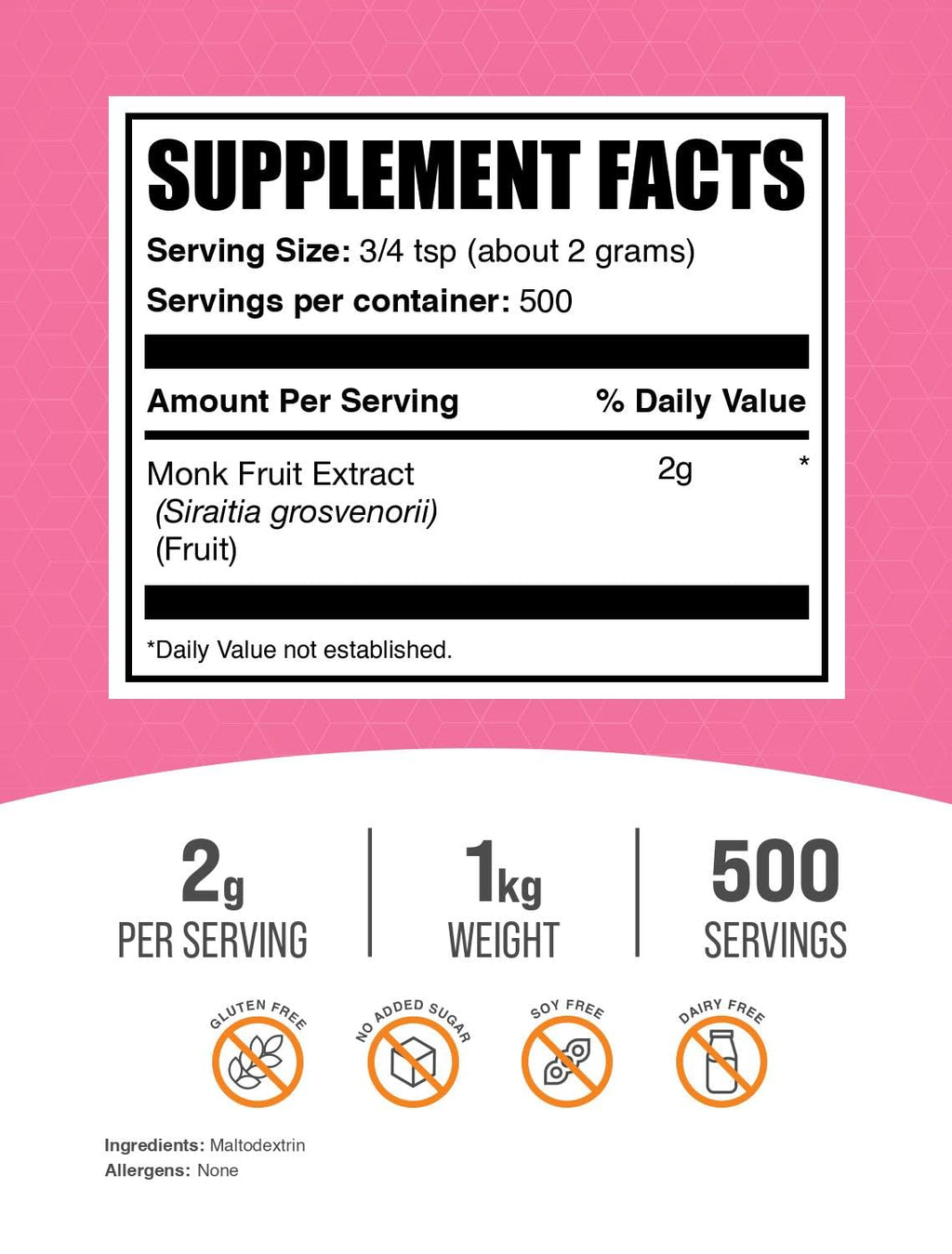 BulkSupplements Monk Fruit Extract Powder – Luo Han Guo, 1 kg, 500 Servings, Gluten Free, No Erythritol, 2 g/Serving