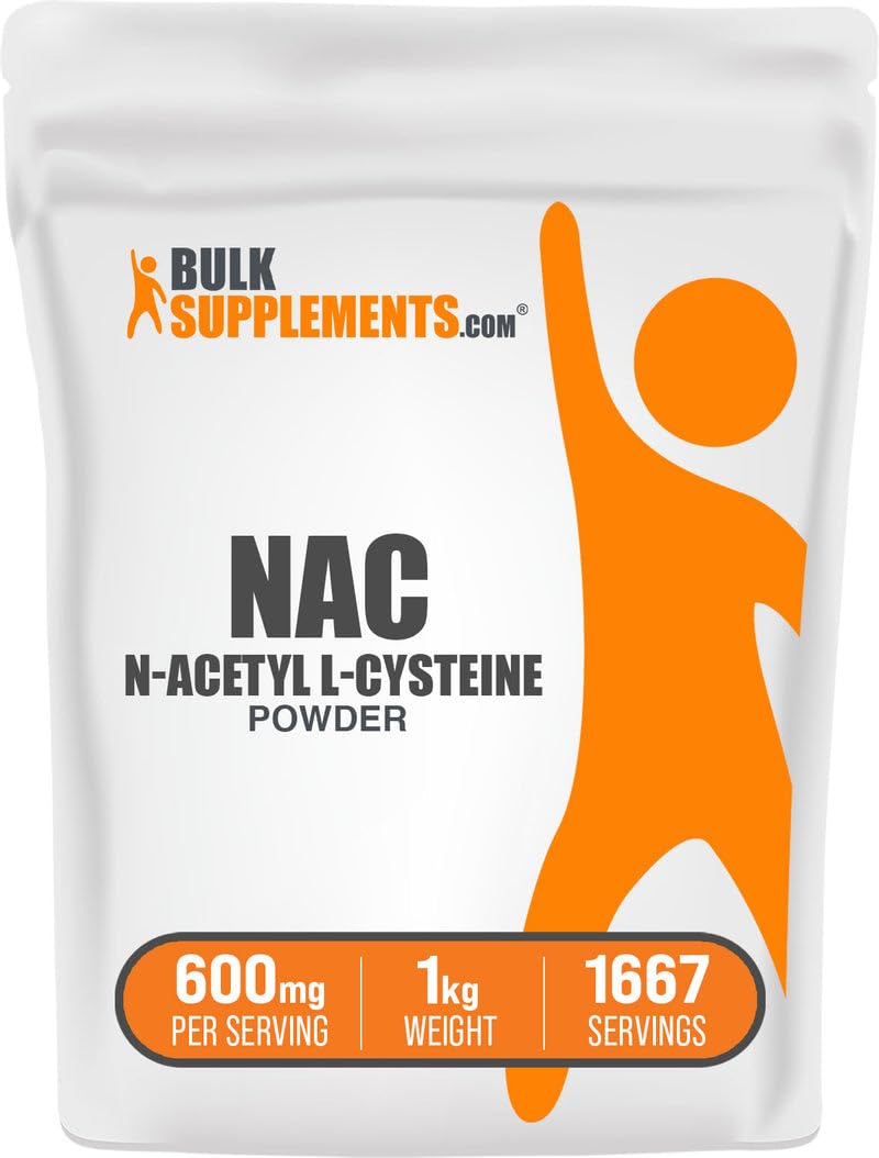 BulkSupplements NAC Powder 600mg – N-Acetyl Cysteine Supplement, Gluten Free, 1kg (1667 Servings)