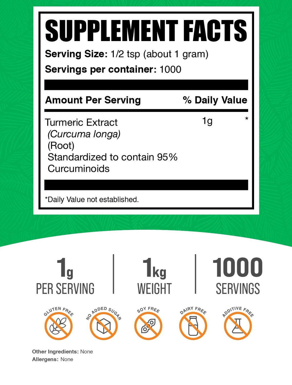 BulkSupplements Turmeric Extract Powder - Gluten Free, 1g per Serving, 1kg (2.2 lbs)