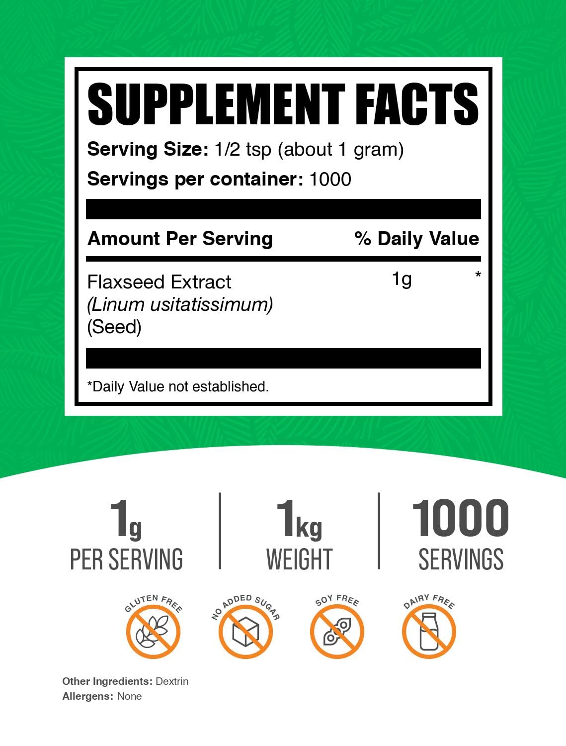 BulkSupplements Flaxseed Extract Powder – Omega-3, Vegan & Gluten Free, 1g per Serving, 1kg