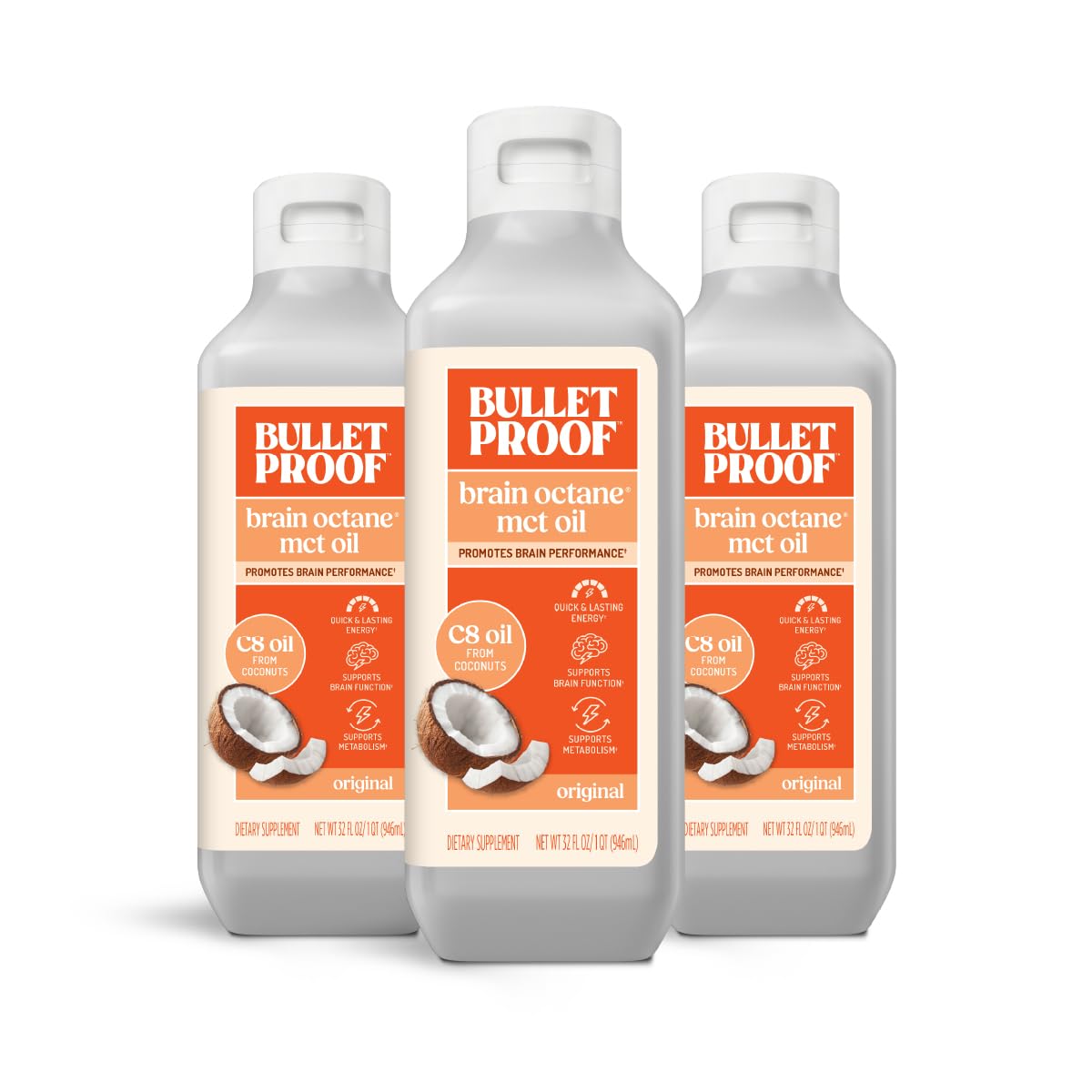 Bulletproof Brain Octane C8 MCT Oil 3-Pack – 32 oz Each, Unflavored, Triple-Distilled Coconut Oil, Non-GMO