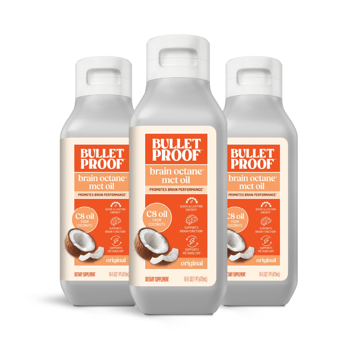 Bulletproof Coconut Brain Octane C8 MCT Oil (16 oz x 3) – Premium Ketogenic Energy for Brain & Body