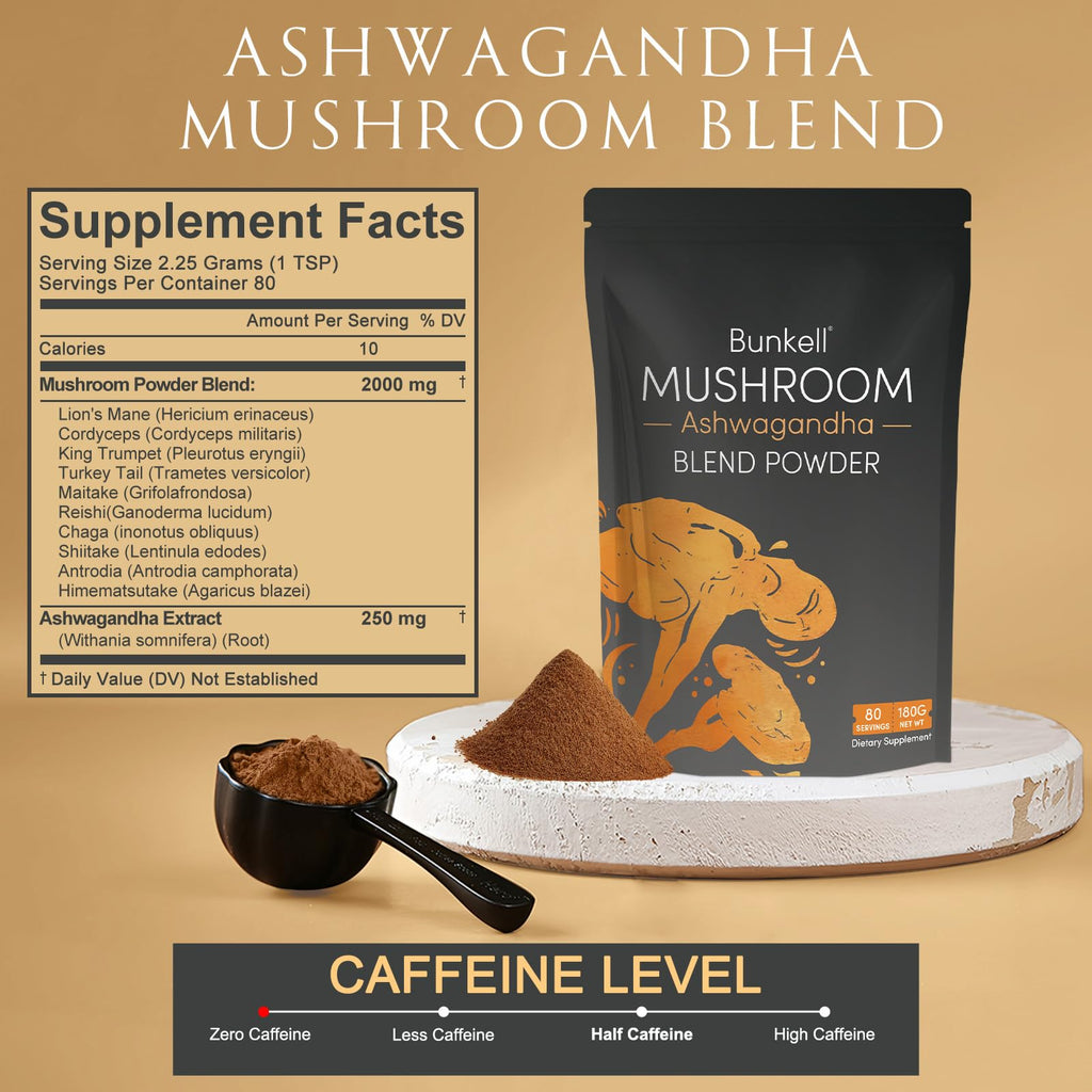 Bunkell Ashwagandha Mushroom Powder | 10-Mushroom Adaptogenic Complex for Energy, Focus & Immune Support | 80 Servings