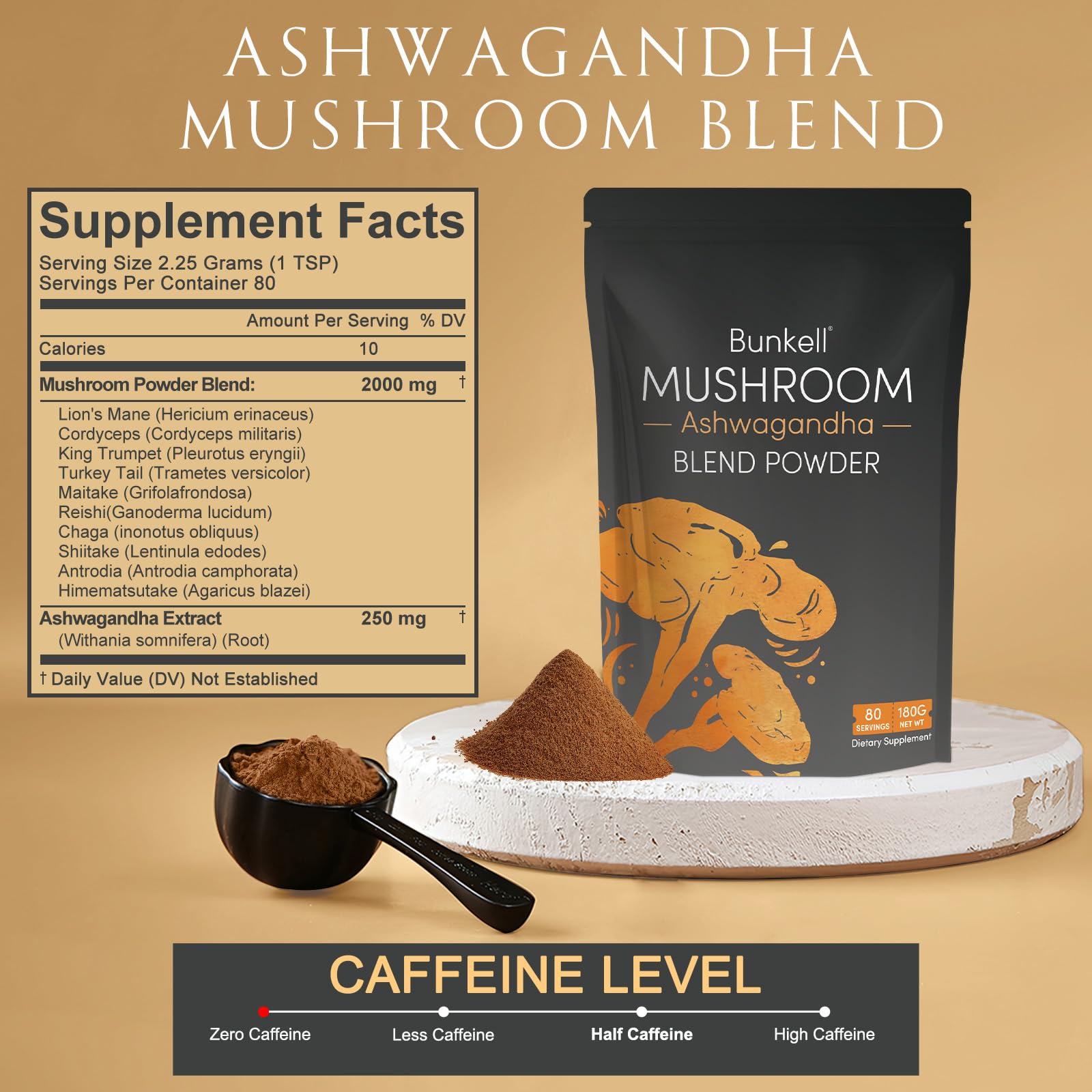 Bunkell Ashwagandha Mushroom Powder | 10-Mushroom Adaptogenic Complex for Energy, Focus & Immune Support | 80 Servings