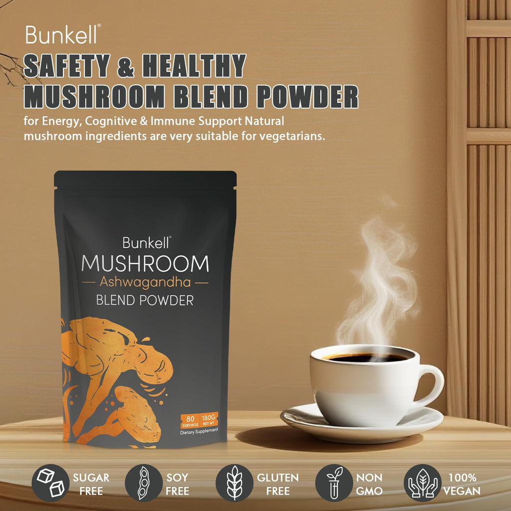 Bunkell Ashwagandha Mushroom Powder | 10-Mushroom Adaptogenic Complex for Energy, Focus & Immune Support | 80 Servings