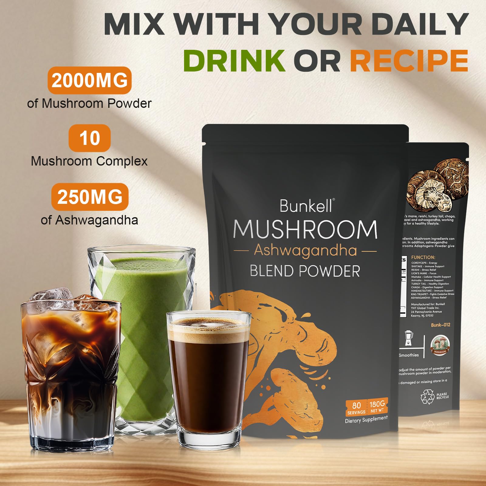 Bunkell Ashwagandha Mushroom Powder | 10-Mushroom Adaptogenic Complex for Energy, Focus & Immune Support | 80 Servings