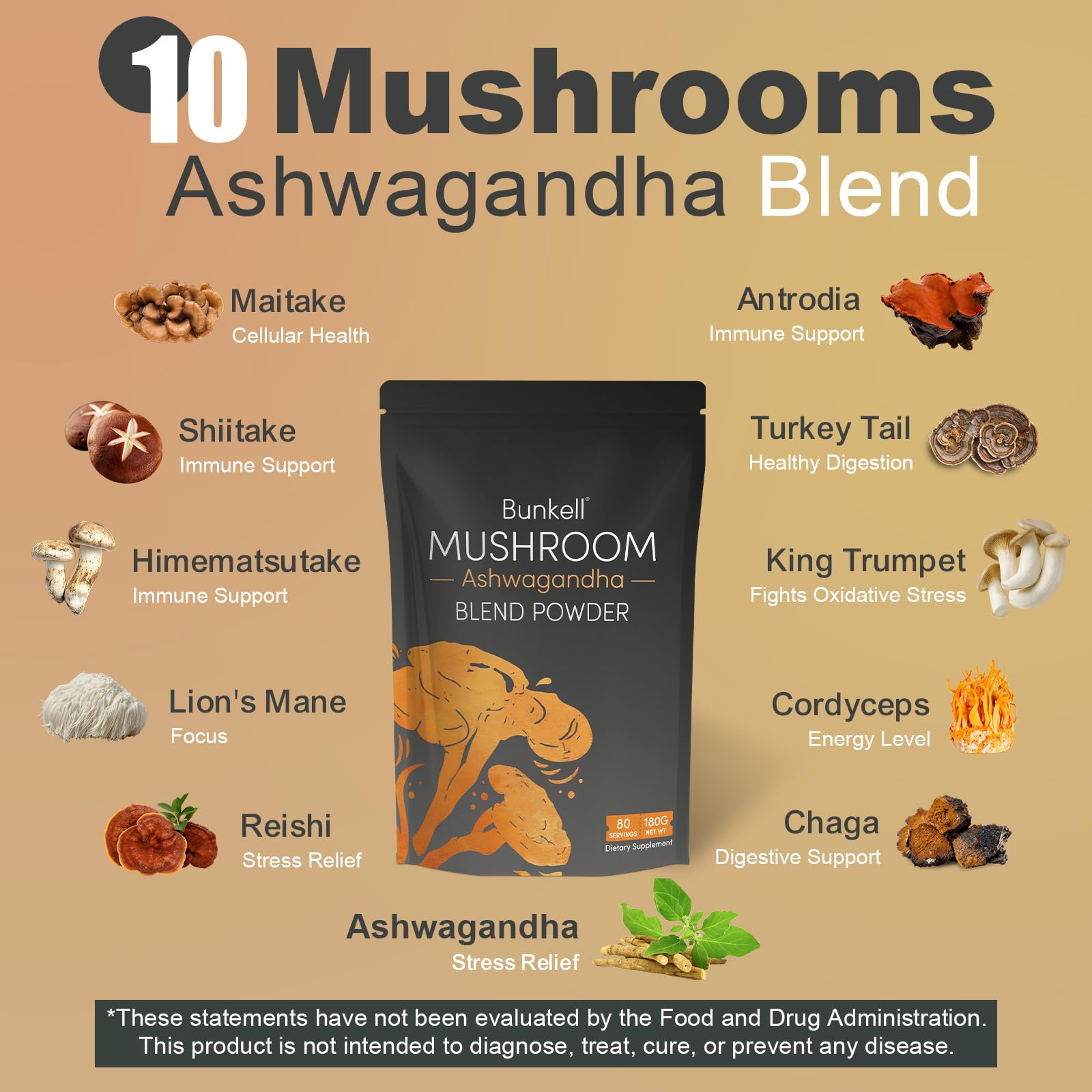 Bunkell Ashwagandha Mushroom Powder | 10-Mushroom Adaptogenic Complex for Energy, Focus & Immune Support | 80 Servings