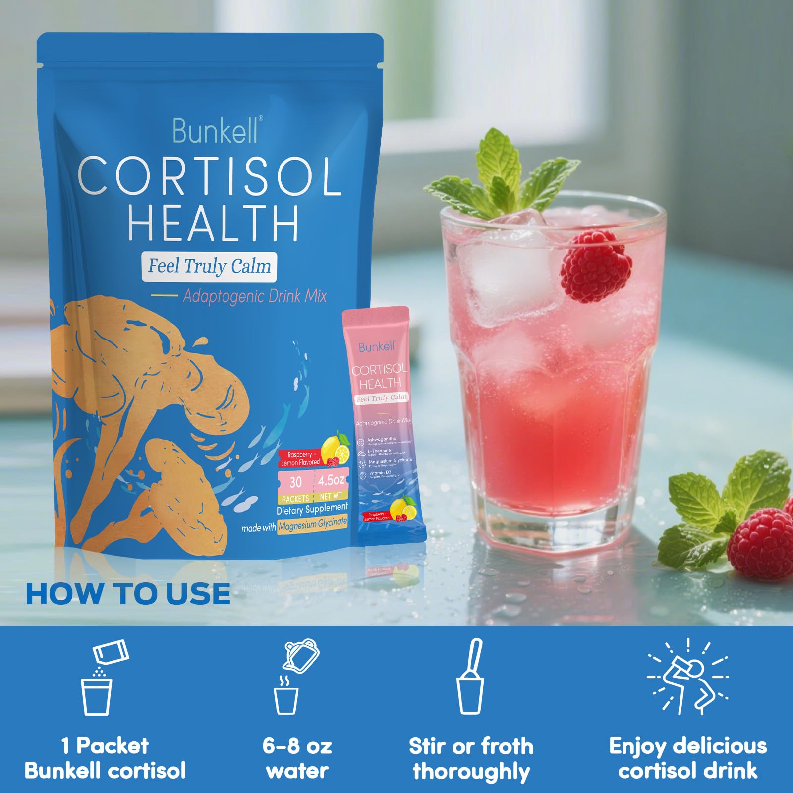 Bunkell Cortisol Powdered Drink Mix – Magnesium Glycinate, L-Theanine, Ashwagandha, Vitamin D3 (Raspberry Lemonade) 30 Ct