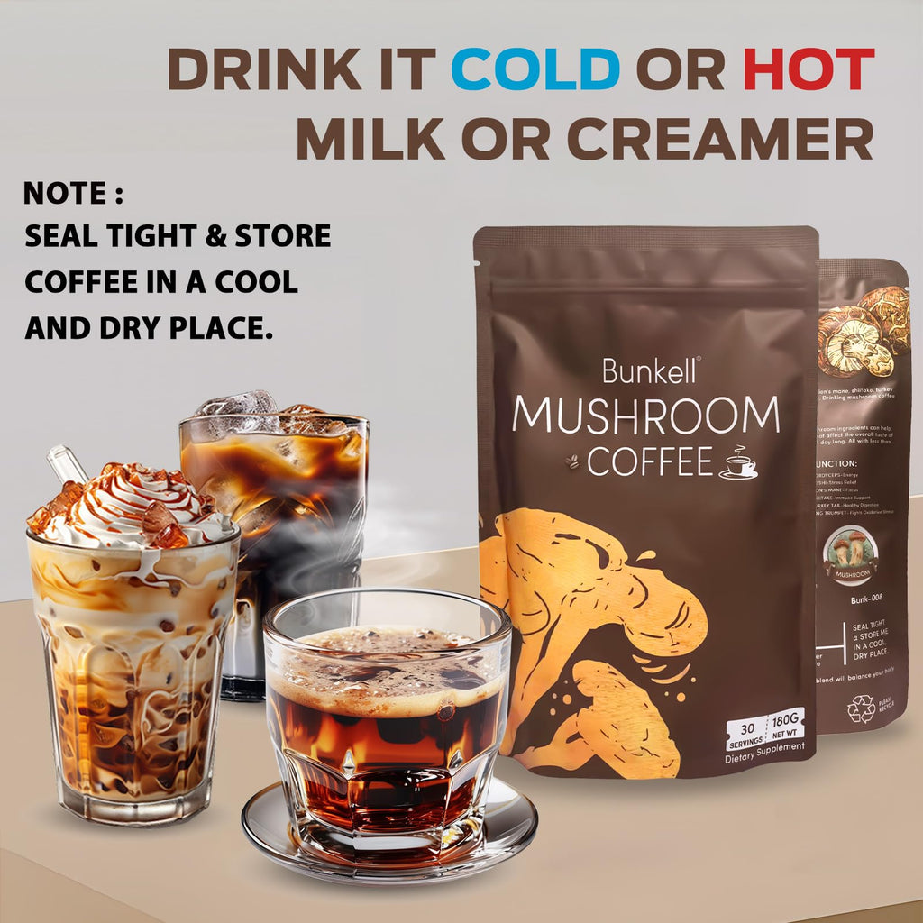 Bunkell Mushroom Coffee | Adaptogenic 6-Mushroom Blend for Energy & Immunity