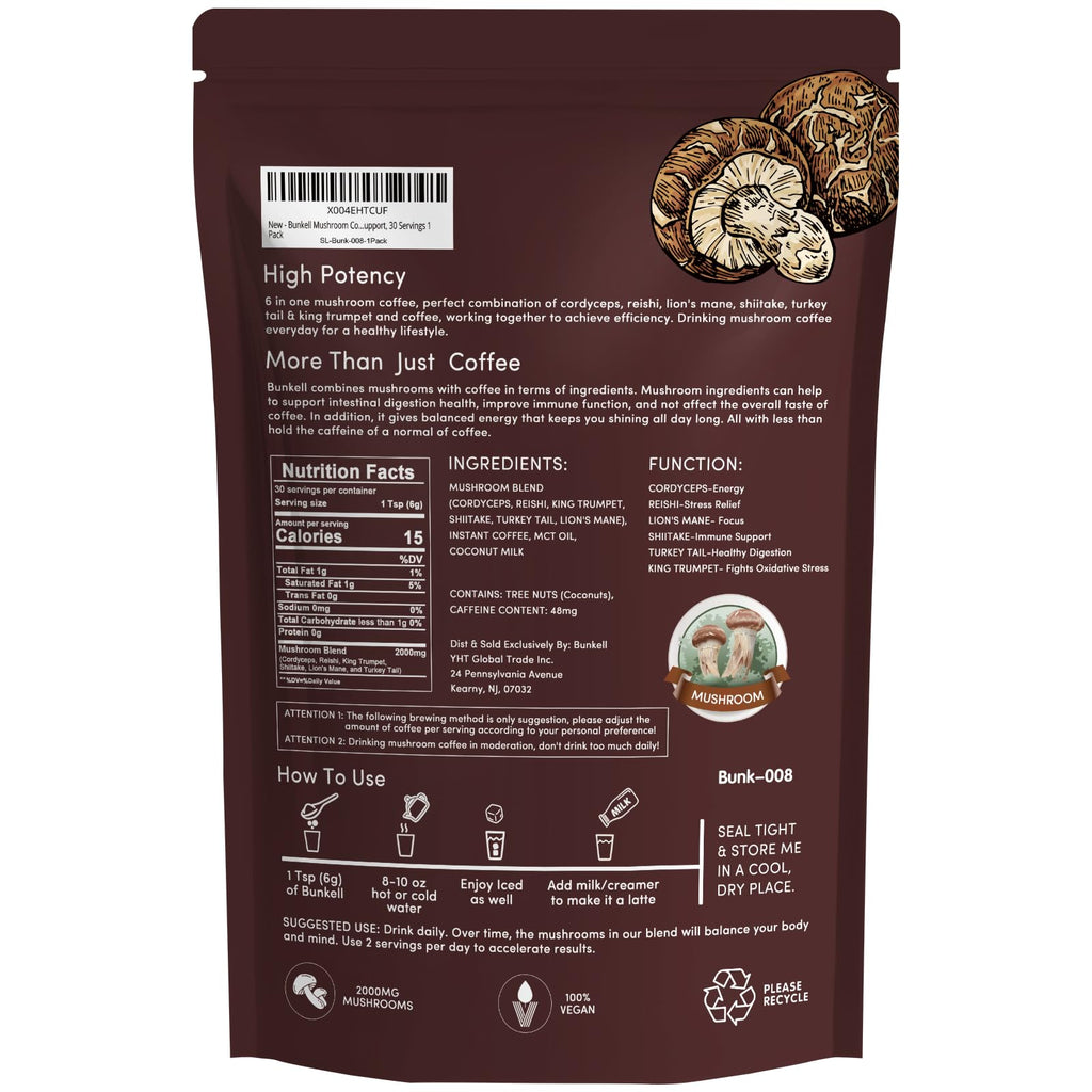 Bunkell Mushroom Coffee | Adaptogenic 6-Mushroom Blend for Energy & Immunity