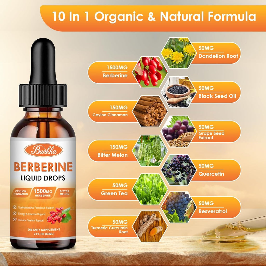 Bunkka Berberine Liquid Drops (2 Pack) – Sugar-Free, Vegan, 4 fl oz | Immune & Digestive Support