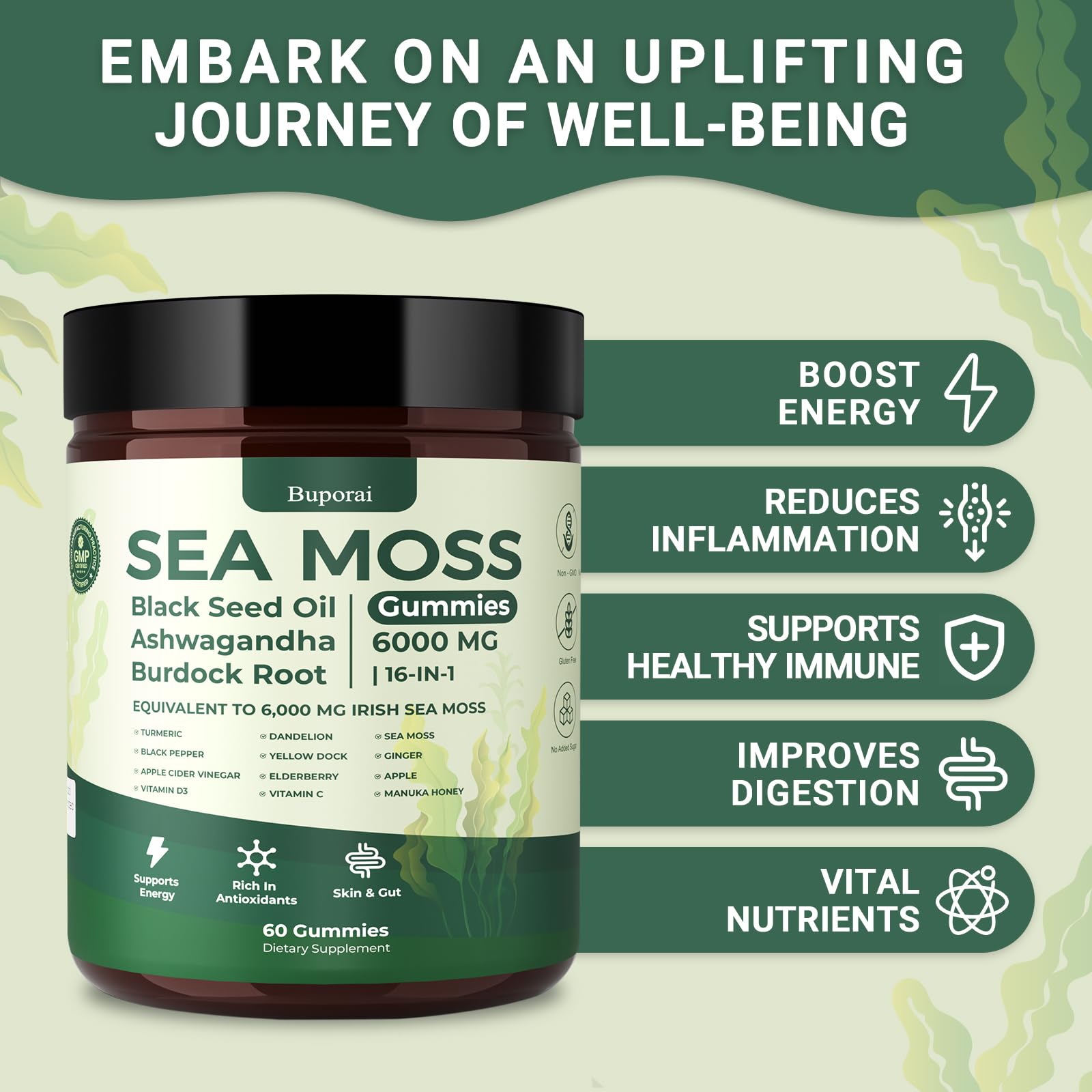 Buporai Sea Moss Gummies 16-In-1 – Bladderwrack, Ashwagandha & Turmeric | Immune Support, 60 Gummies