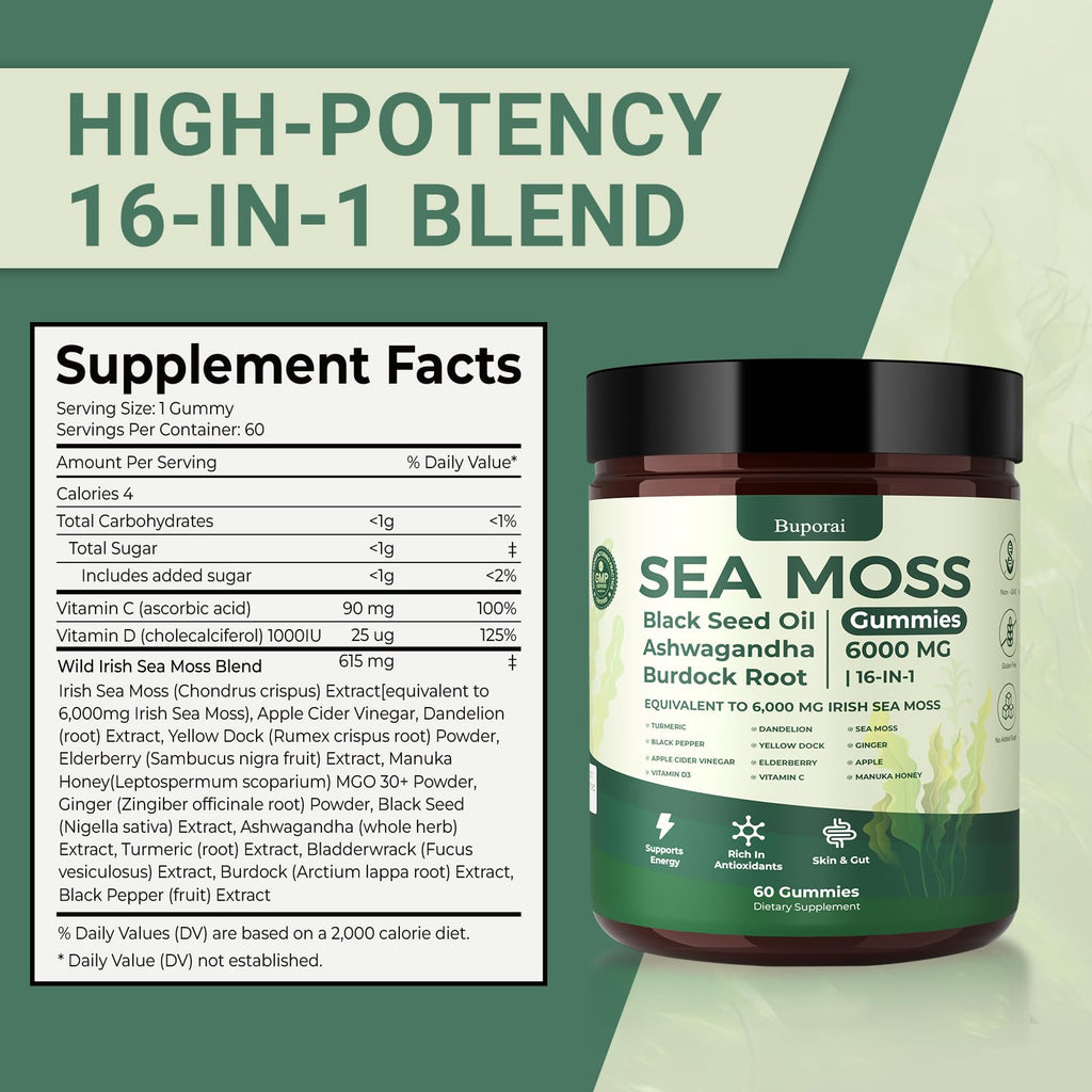 Buporai Sea Moss Gummies 16-In-1 – Bladderwrack, Ashwagandha & Turmeric | Immune Support, 60 Gummies
