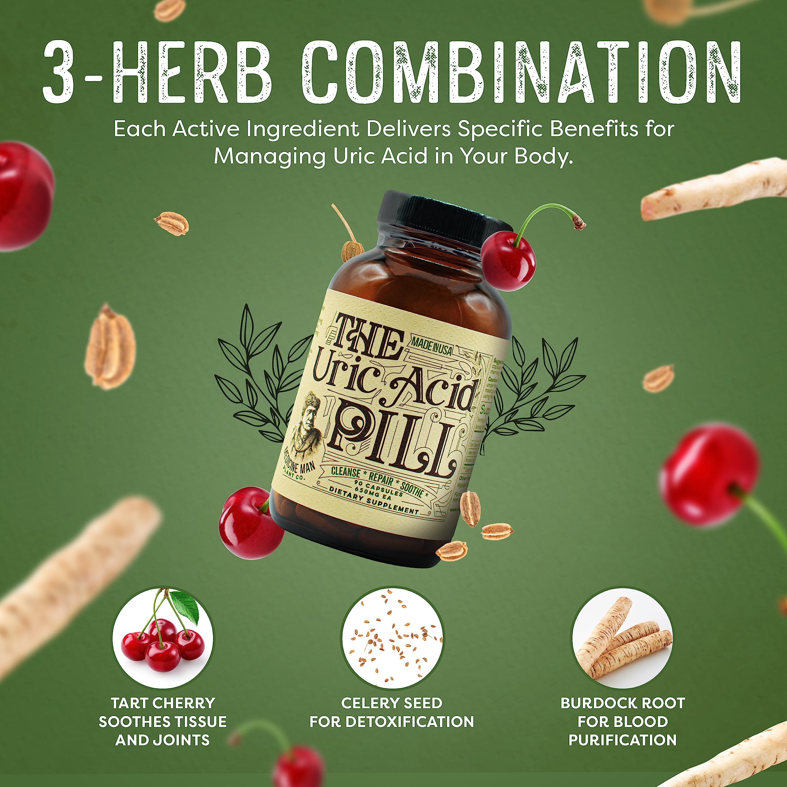 Medicine Man Plant Co The Uric Acid Pill – 90 Capsules | Tart Cherry, Celery Seed & Burdock Root