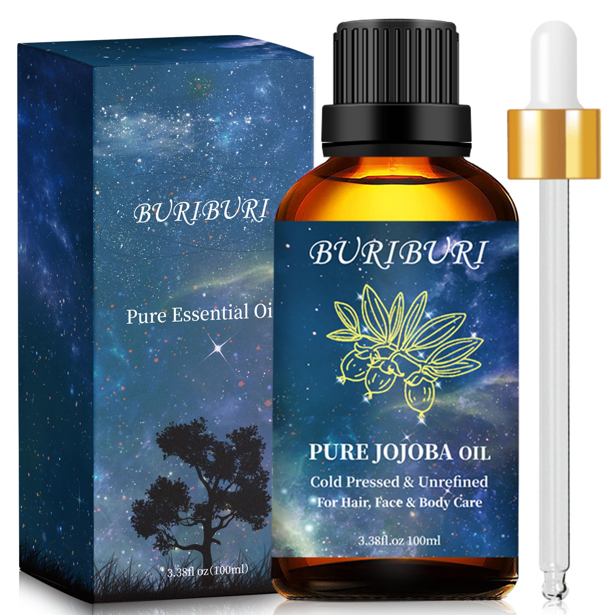 BURIBURI 100% Pure Organic Jojoba Carrier Oil – 100ml (3.38 fl oz) | Natural Hair & Skin Oil