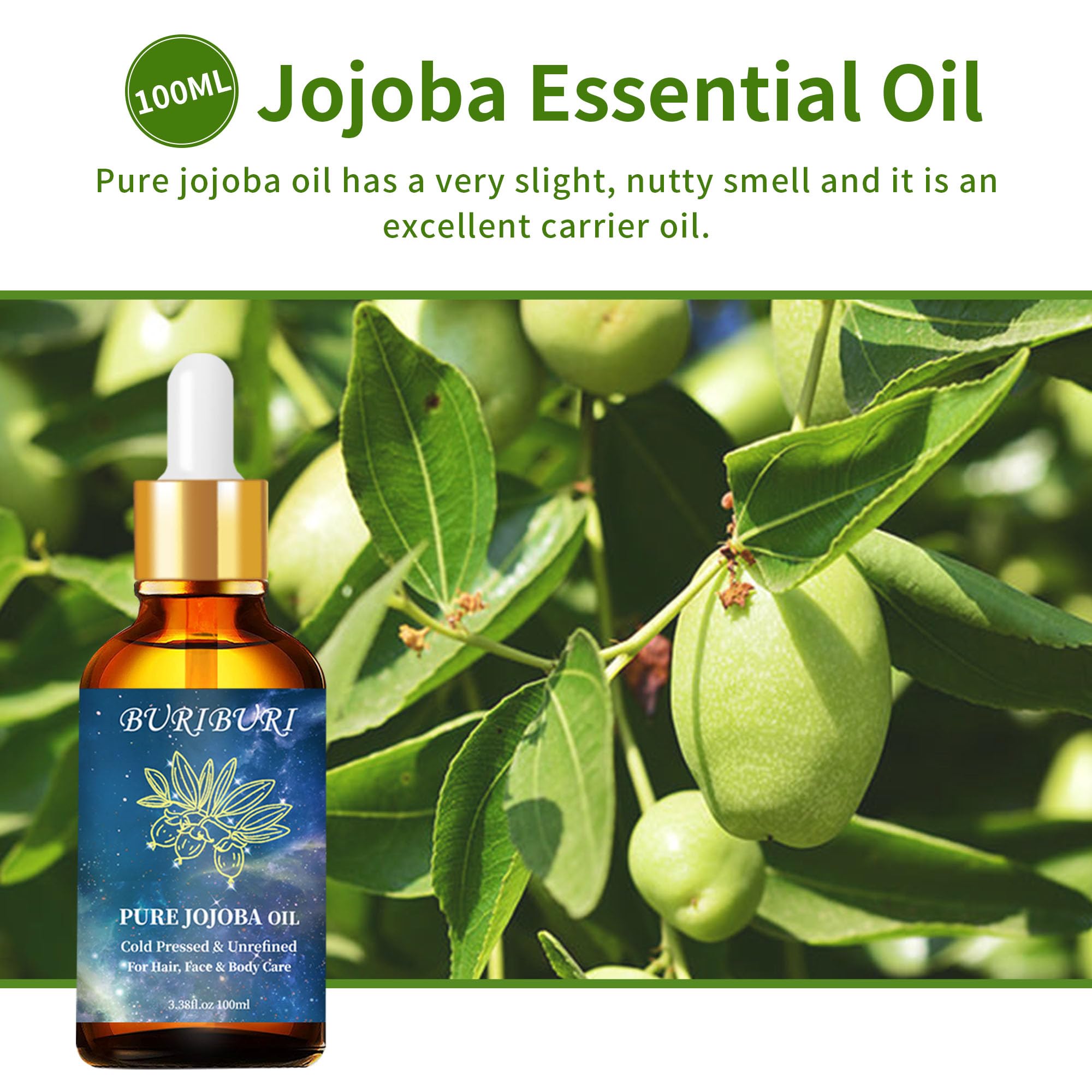 BURIBURI 100% Pure Organic Jojoba Carrier Oil – 100ml (3.38 fl oz) | Natural Hair & Skin Oil