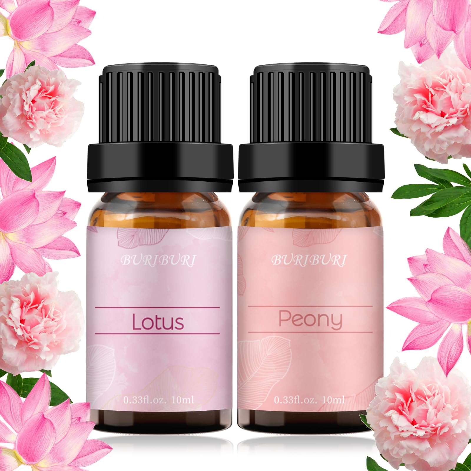 BURIBURI Lotus & Peony Essential Oils Gift Set 2-Pack – 100% Pure | Diffuser, Soap Making