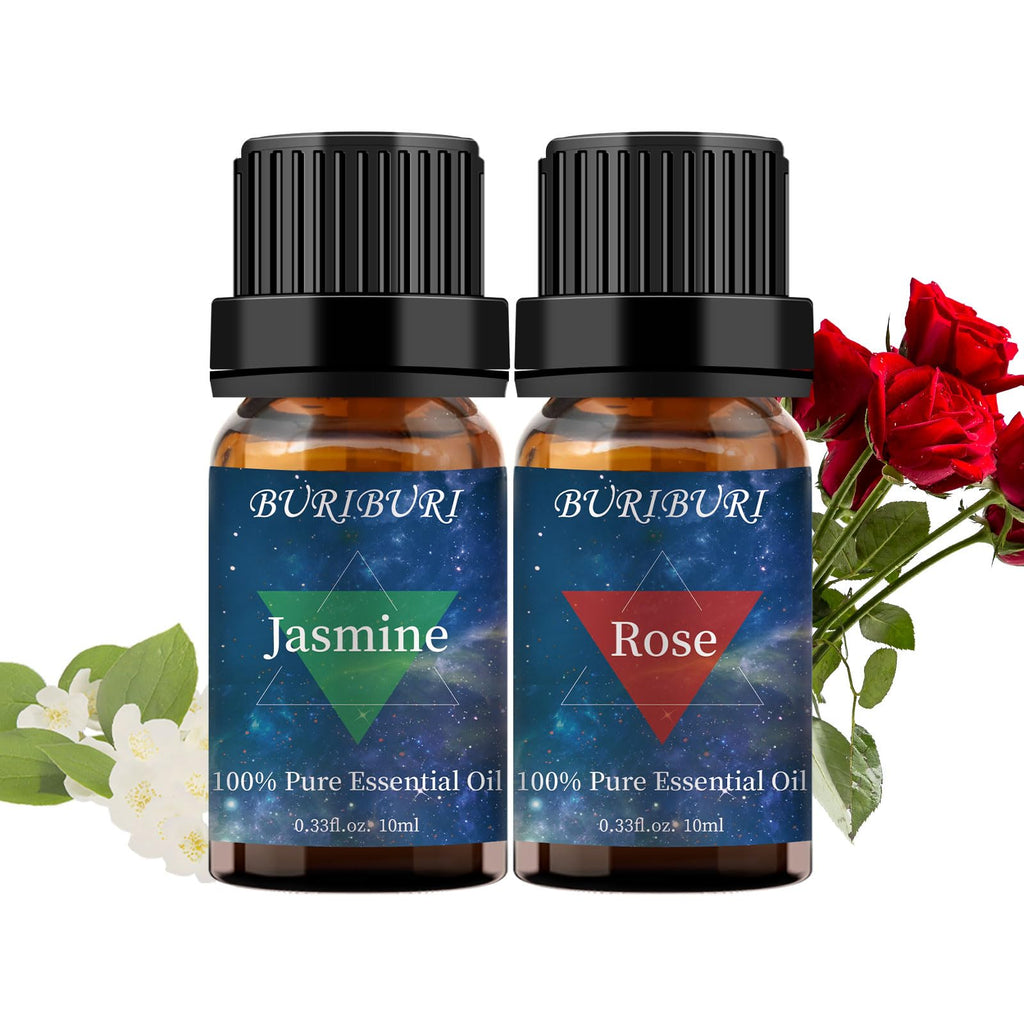 BURIBURI Rose & Jasmine Essential Oils Gift Set – 2x10ml Pure Aromatherapy Oils