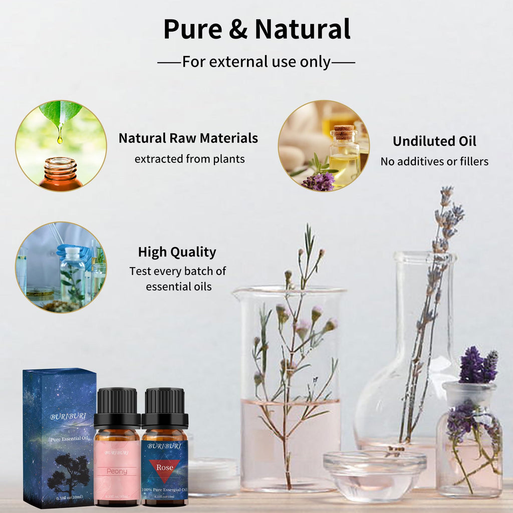 BURIBURI Rose Oil & Peony Essential Oil Set 2 Pack – 10ml Each, 100% Pure