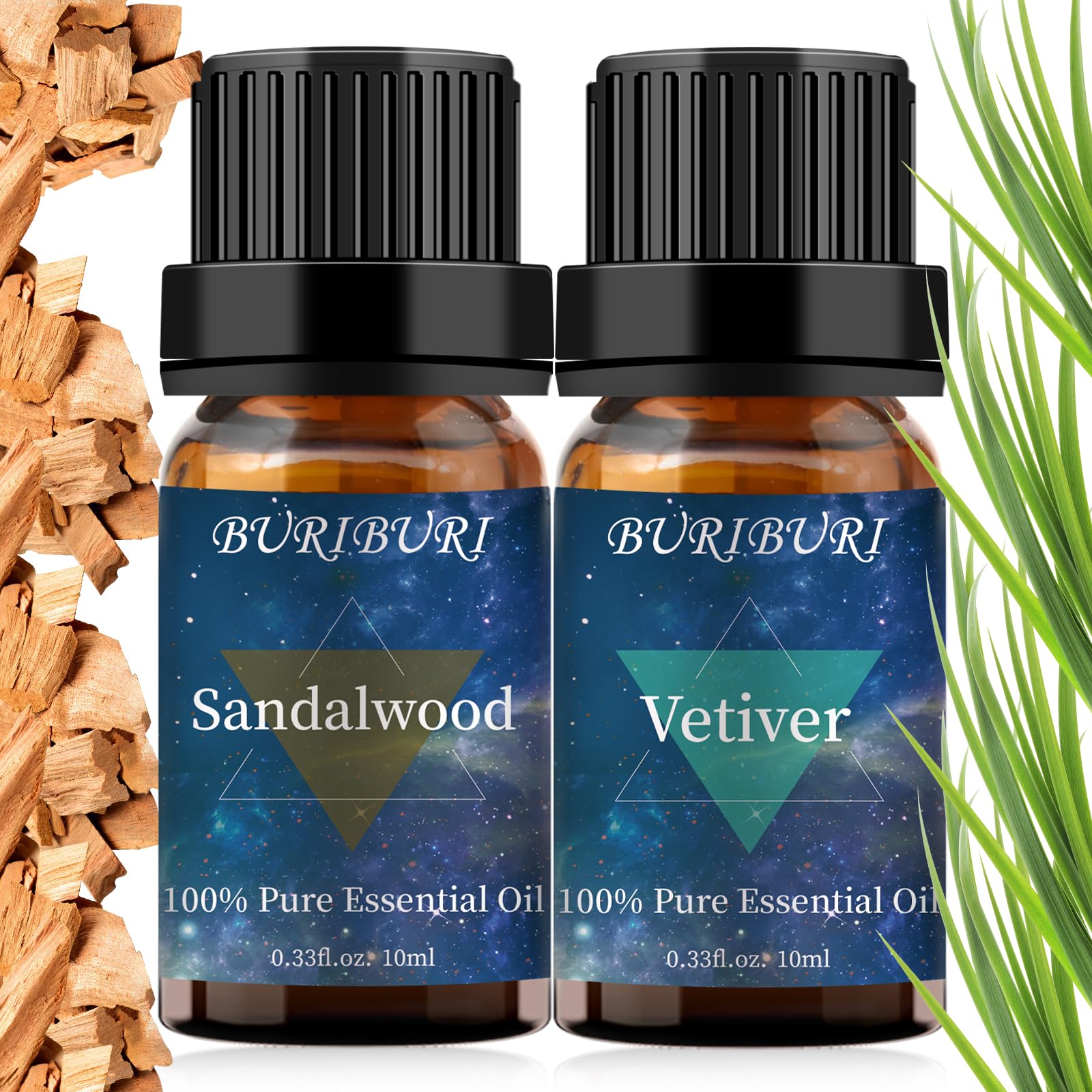 BURIBURI Sandalwood & Vetiver Essential Oils Set – 2x10ml, 100% Pure