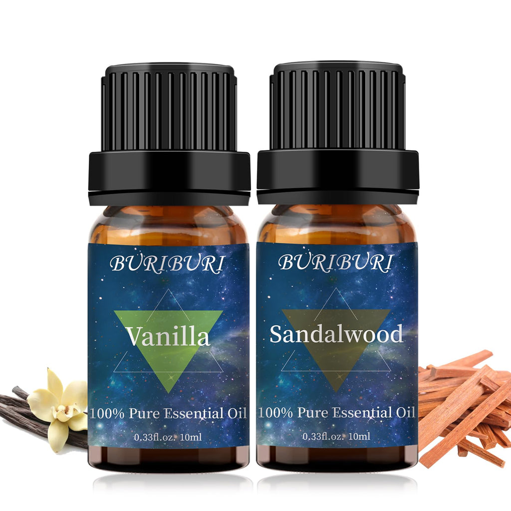 BURIBURI Sandalwood & Vanilla Essential Oils Gift Set - 10ml Each, 100% Pure & Undiluted