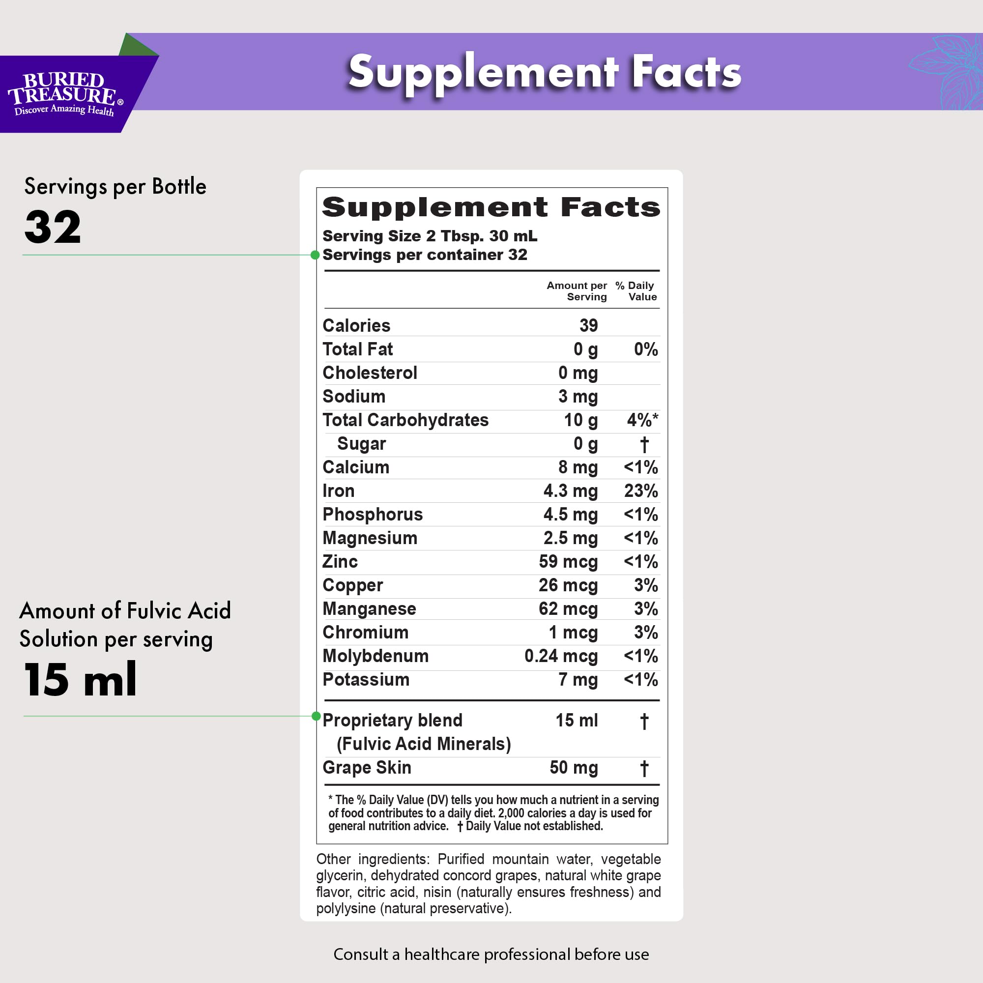 Buried Treasure Fulvic Minerals Grape Flavor – 32 Servings | Colloidal Trace Minerals & Electrolytes for Hydration