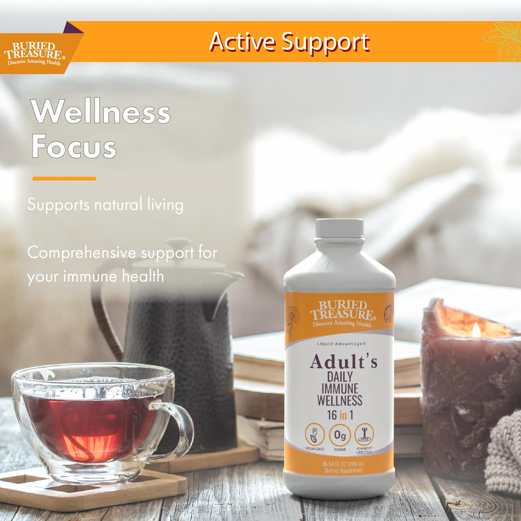 Buried Treasure Adult Daily Immune Wellness 16oz with Dose Cup – Elderberry, Echinacea, Vitamin C, Zinc & Mushroom Blend