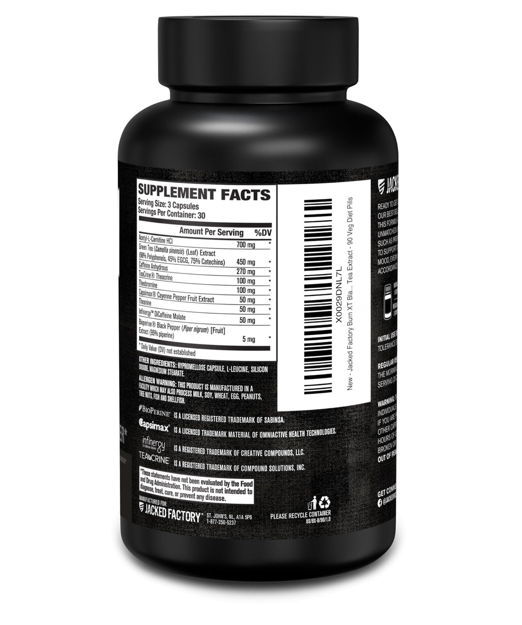 Jacked Factory Burn XT Black Thermogenic Fat Burner – TeaCrine, Infinergy, Green Tea Extract | 90 Veg Diet Pills