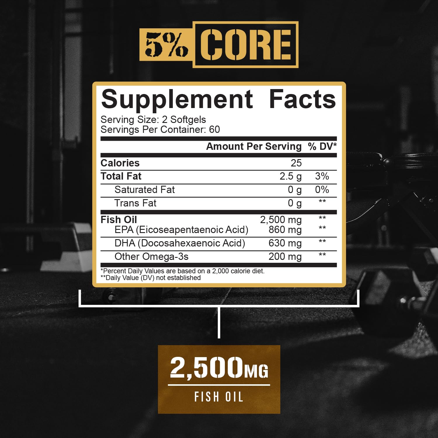 5% Nutrition Core Fish Oil Supplement – 2,500 mg EPA & DHA | Burpless, 60 Servings (120 Softgels)