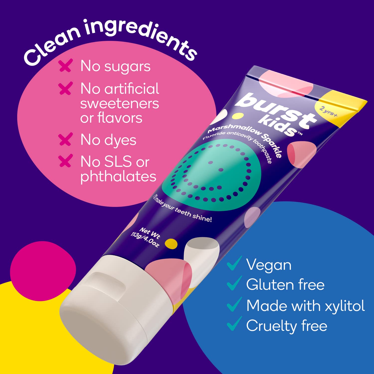 BURST Bubblegum Bonanza Kids Toothpaste with Fluoride (4oz/2 Pack) – Anticavity, Dye Free & Vegan