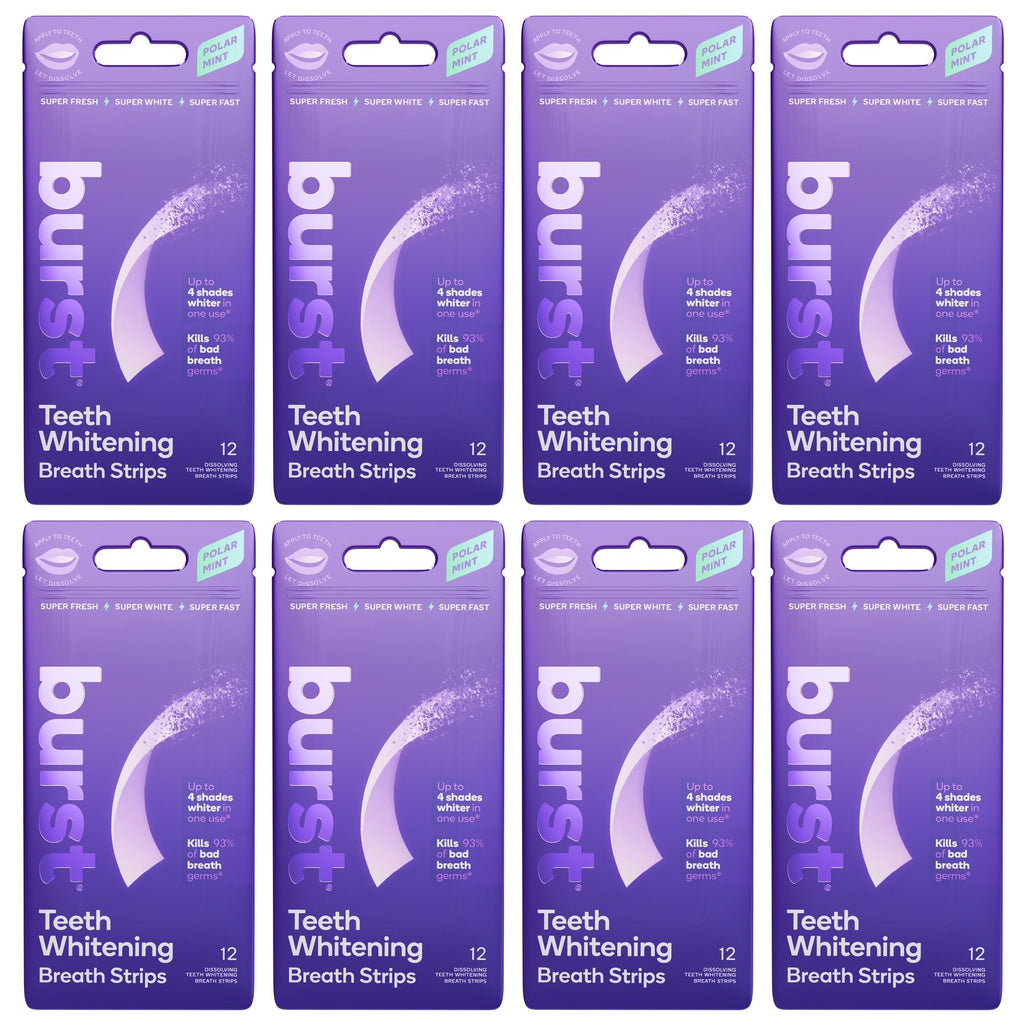Burst Teeth Whitening Breath Strips Polar Mint (8 Pack) | Kills 93% of Bad Breath Germs | Up to 4 Shades Whiter