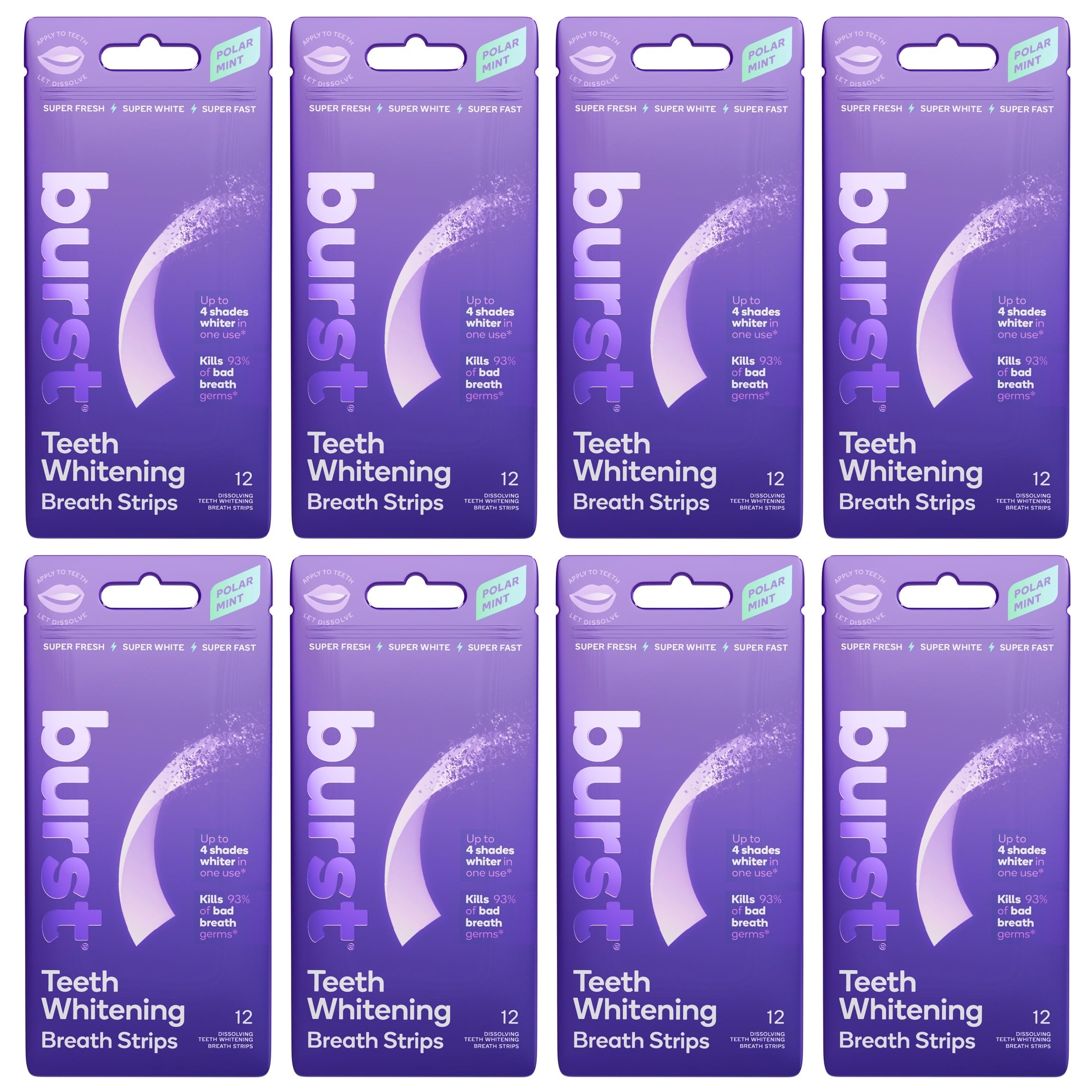 Burst Teeth Whitening Breath Strips Polar Mint (8 Pack) | Kills 93% of Bad Breath Germs | Up to 4 Shades Whiter