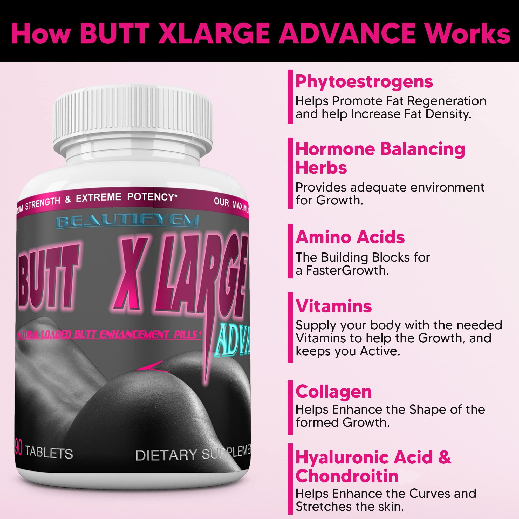 BEAUTIFYEM Butt X-Large Advance Butt Enlargement, Booty Enhancement. Butt Enhancer Pills. Fast Curved Bigger Glutes. 90 Tablets (Not a Butt Cream)