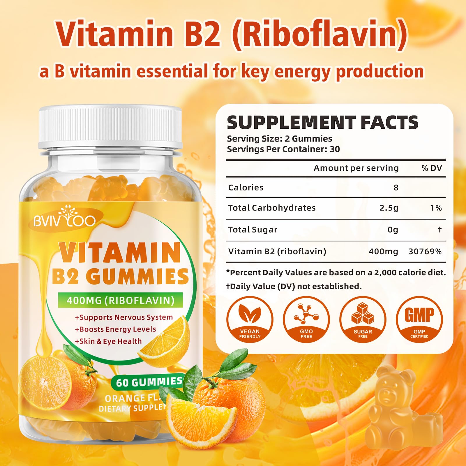 BVIVLOO Vitamin B2 Gummies 400 mg - Migraine Relief, Energy, Brain Health | 2 Pack, Vegan, Sugar-Free, Orange, 120 Gummies