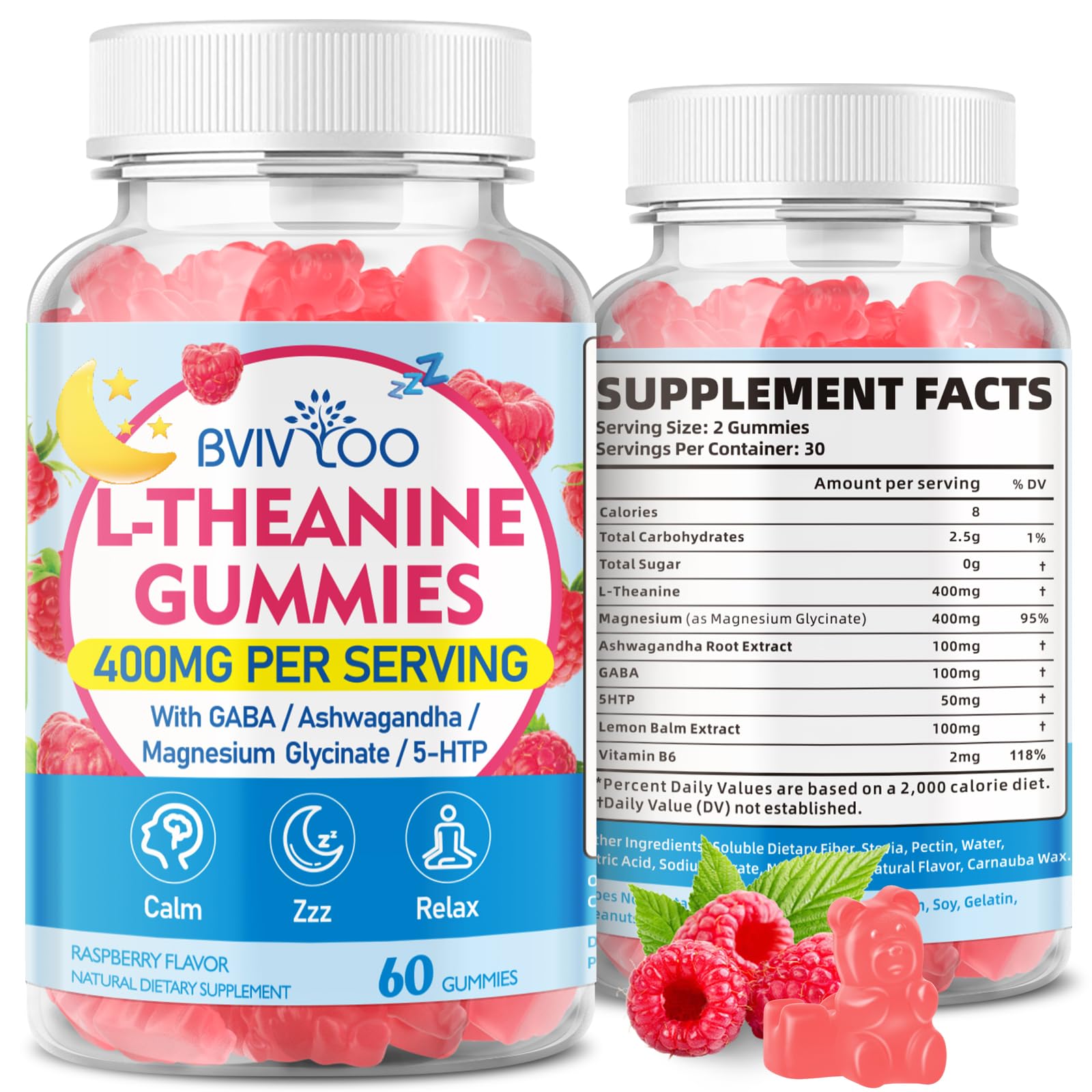 BVIVLOO L-Theanine Gummies 400 mg – Calm & Sleep (Vegan Raspberry, 60 Count)
