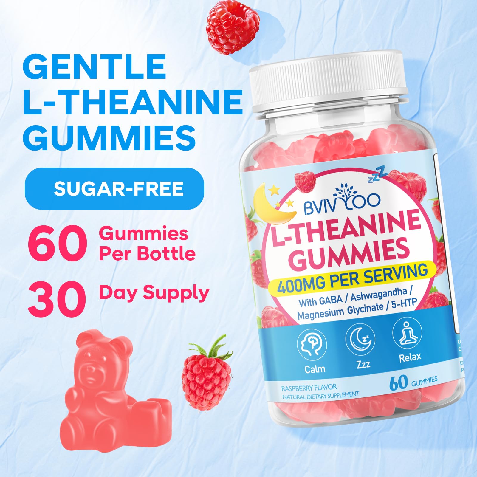 BVIVLOO L-Theanine Gummies 400 mg – Calm & Sleep (Vegan Raspberry, 60 Count)