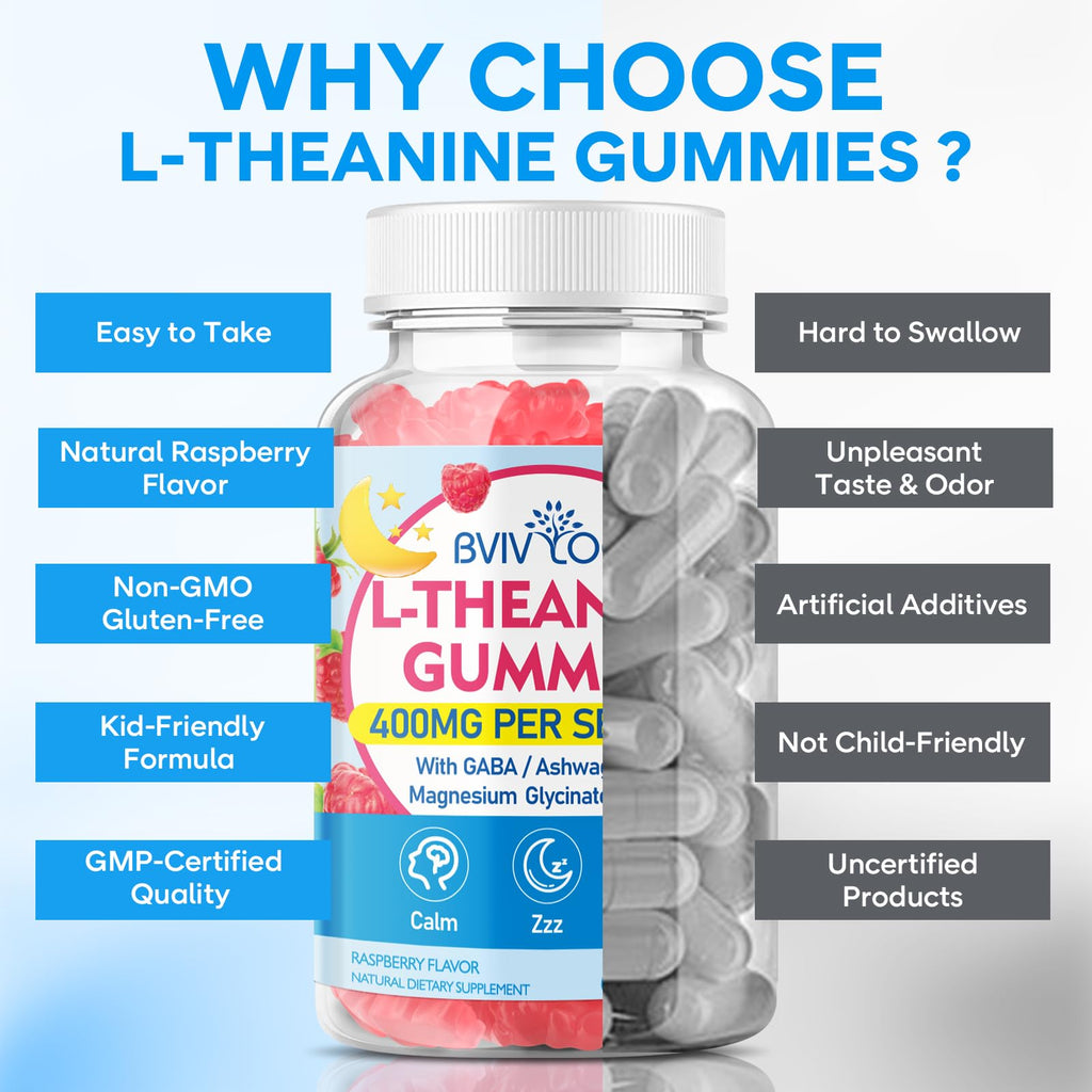 BVIVLOO L-Theanine Gummies 400 mg – Calm & Sleep (Vegan Raspberry, 60 Count)