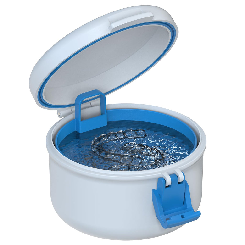 BVN Leak-Proof Denture Bath Cup for Travel – Soak Dentures & Retainer Case (White/Blue)
