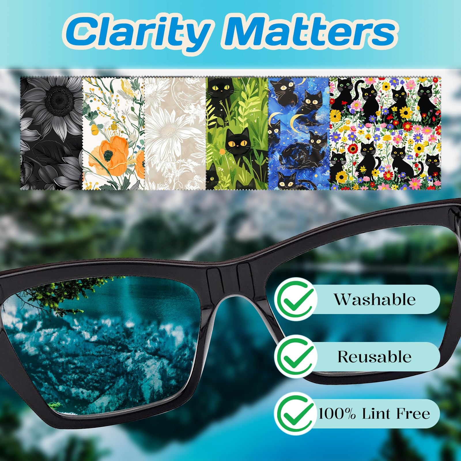 Cabreche 6 PCS Glasses Cleaning Cloths – Microfiber Eyeglass Lens Wipes, Reusable Soft Cloths (6.3 x 6.3 inches), Sunflower Black Cat Pattern