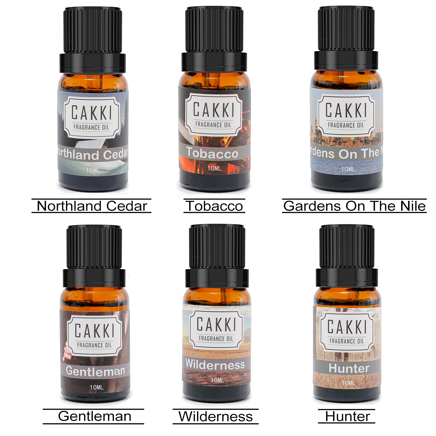 CAKKI Gentleman's Essential Oils Set — 6x10ml Pure Aromatherapy Oils for Candles, Humidifiers & Car Diffusers