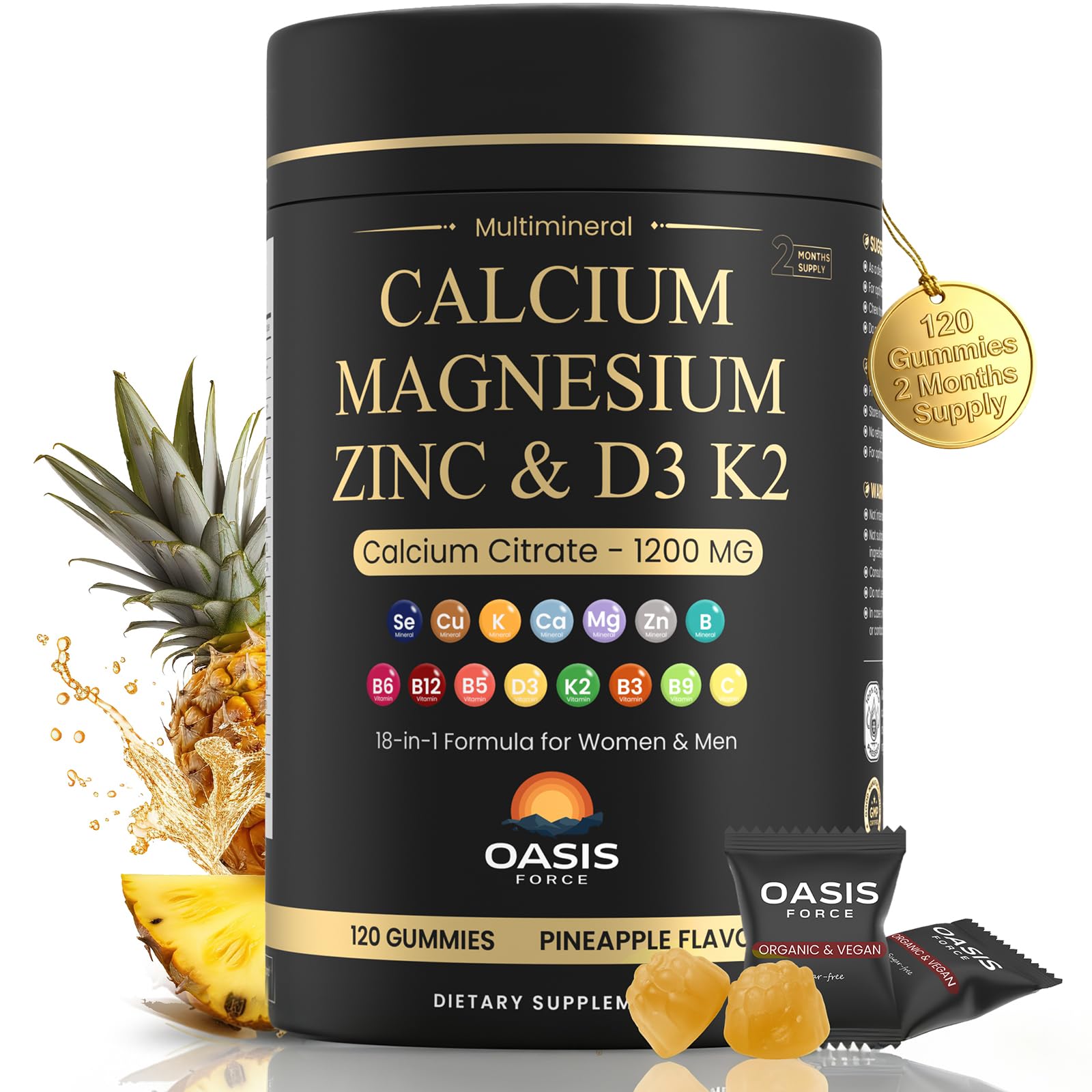 Calcium 1200 mg Gummies with Vitamin D3 & K2 – Sugar-Free, Vegan