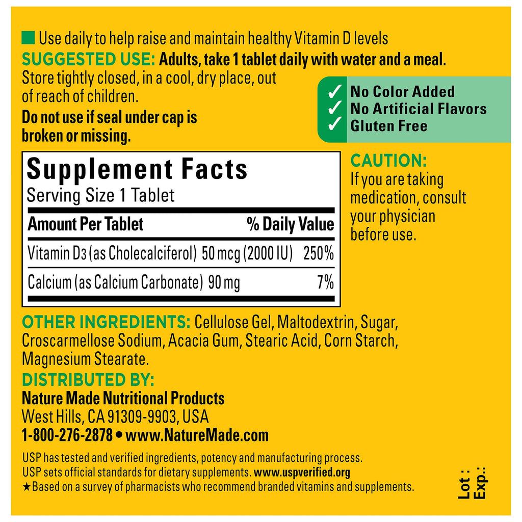 Nature Made Vitamin D3 2000 IU (50 mcg) – Supports Bone, Immune Health | 100 Tablets